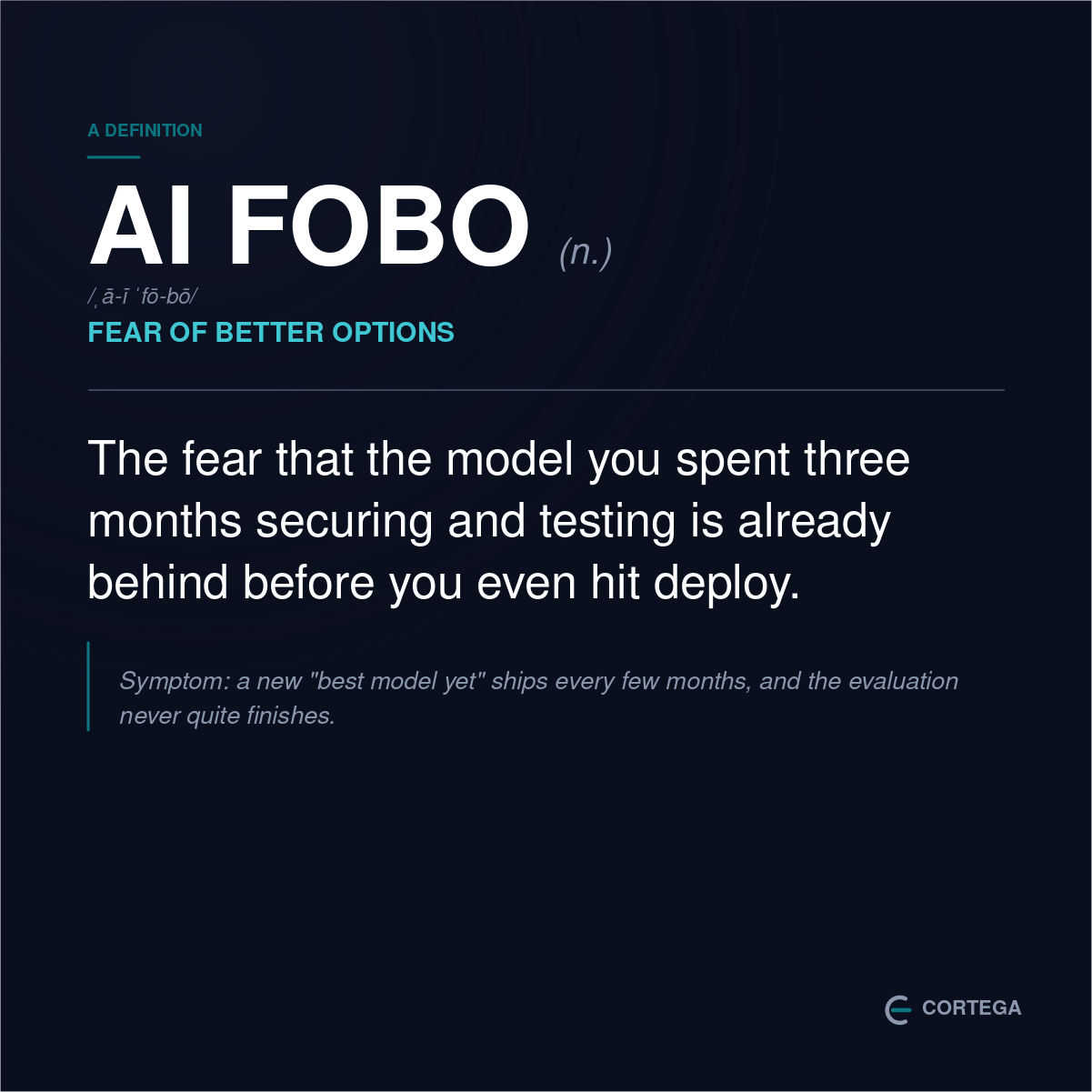 Dictionary-style card defining AI FOBO (n.): the fear that the model you spent three months securing and testing is already behind before you even hit deploy.