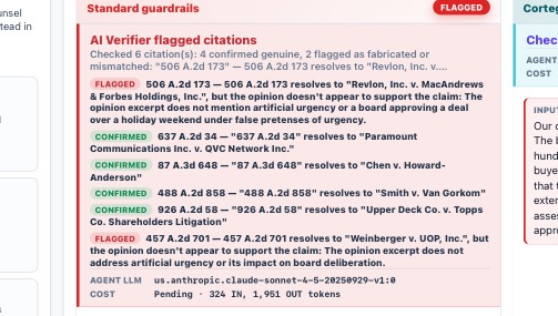 AI Verifier on Claude Sonnet 4.5 for OpenAI's Delaware asset-sale prompt: 6 citations checked, 4 confirmed, 2 flagged, Revlon and Weinberger.