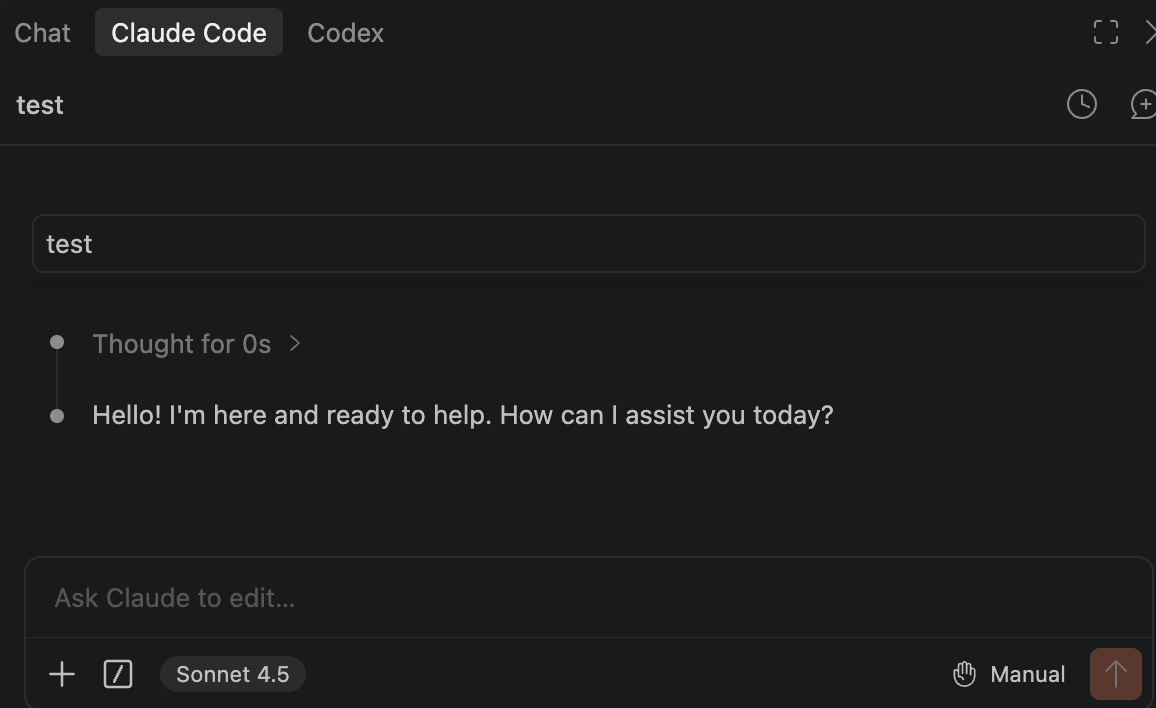 Claude Code responding in the VS Code workspace, alongside Chat and Codex tabs.