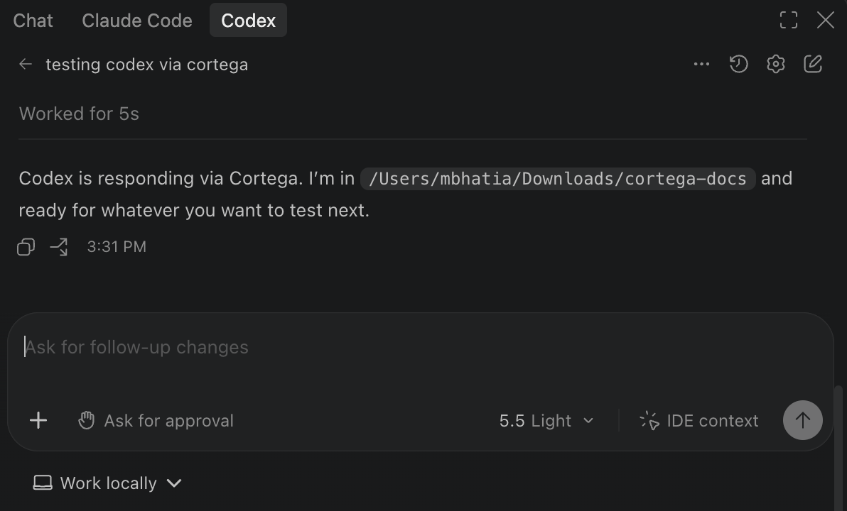 Codex in VS Code responding via Cortega in a local test workspace.