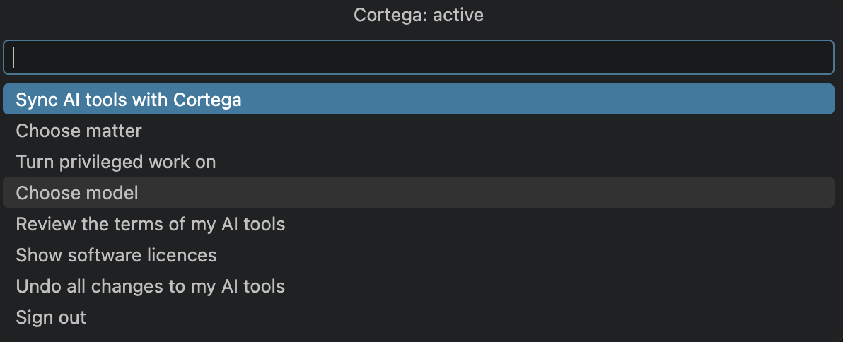 Cortega controls in VS Code: sync AI tools, choose a matter, turn privileged work on, choose a model, review terms and undo changes.