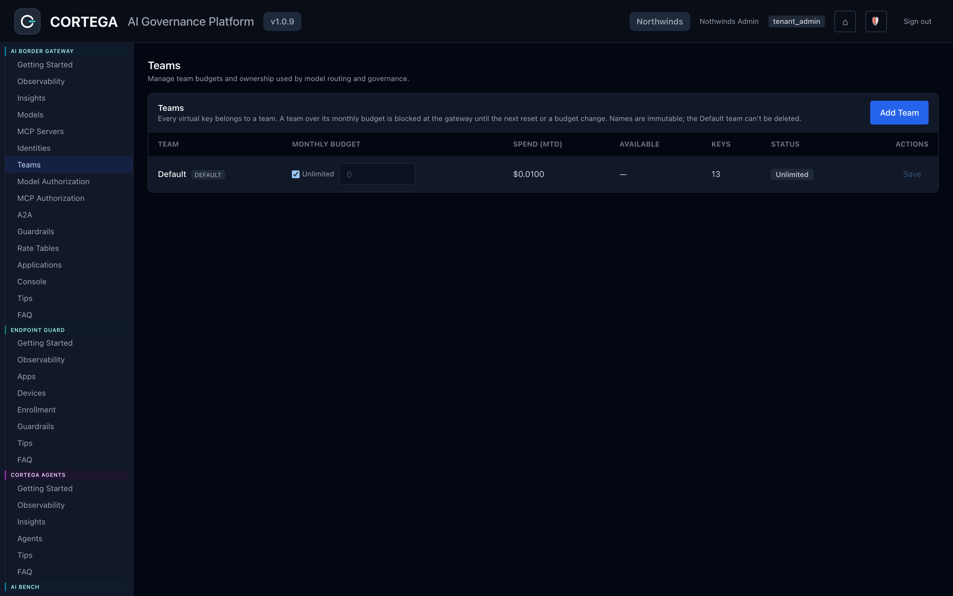 Teams and identities configured per tenant