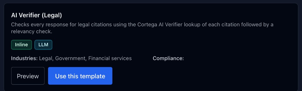 AI Verifier (Legal) template: citation lookup followed by a relevancy check